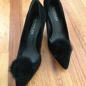 Fur Charles David Sadie Black Suede Heel Fur Pom Pom